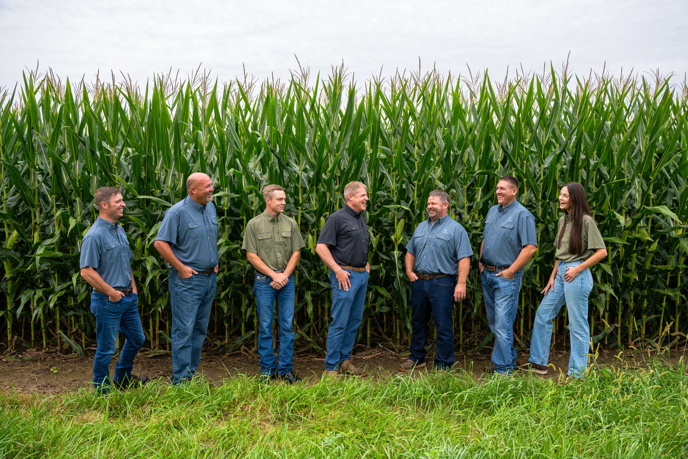 Seven team members talking and laughing beside a corn field.